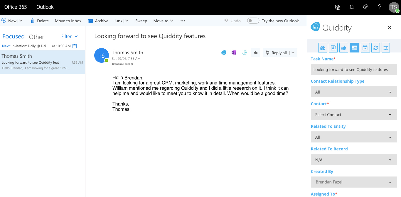 Data Entry Automation – CRM Outlook Integration - Quiddity